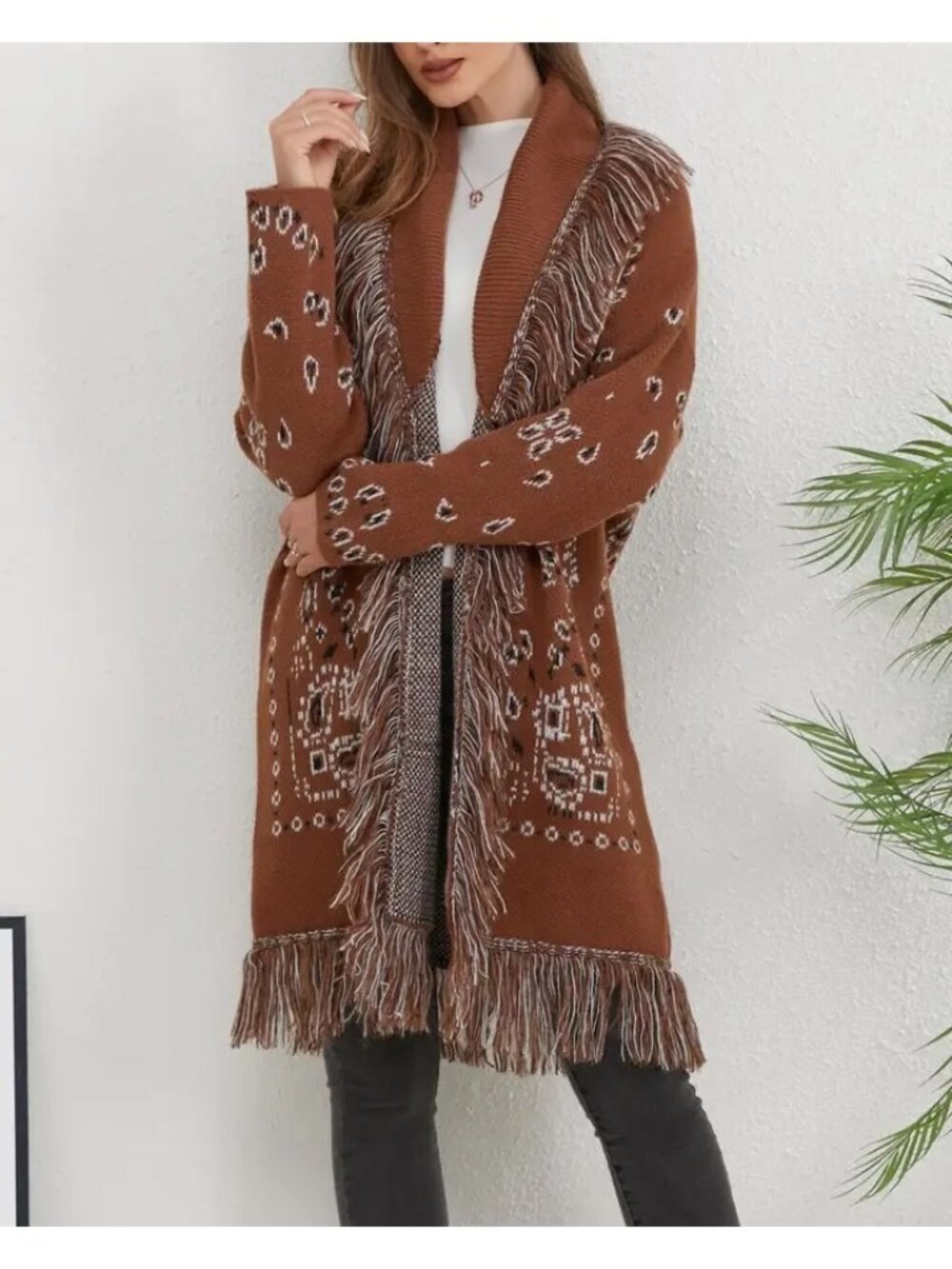Western Fringed Ethnic Jacquard Cardigan - Picture 1 of 5